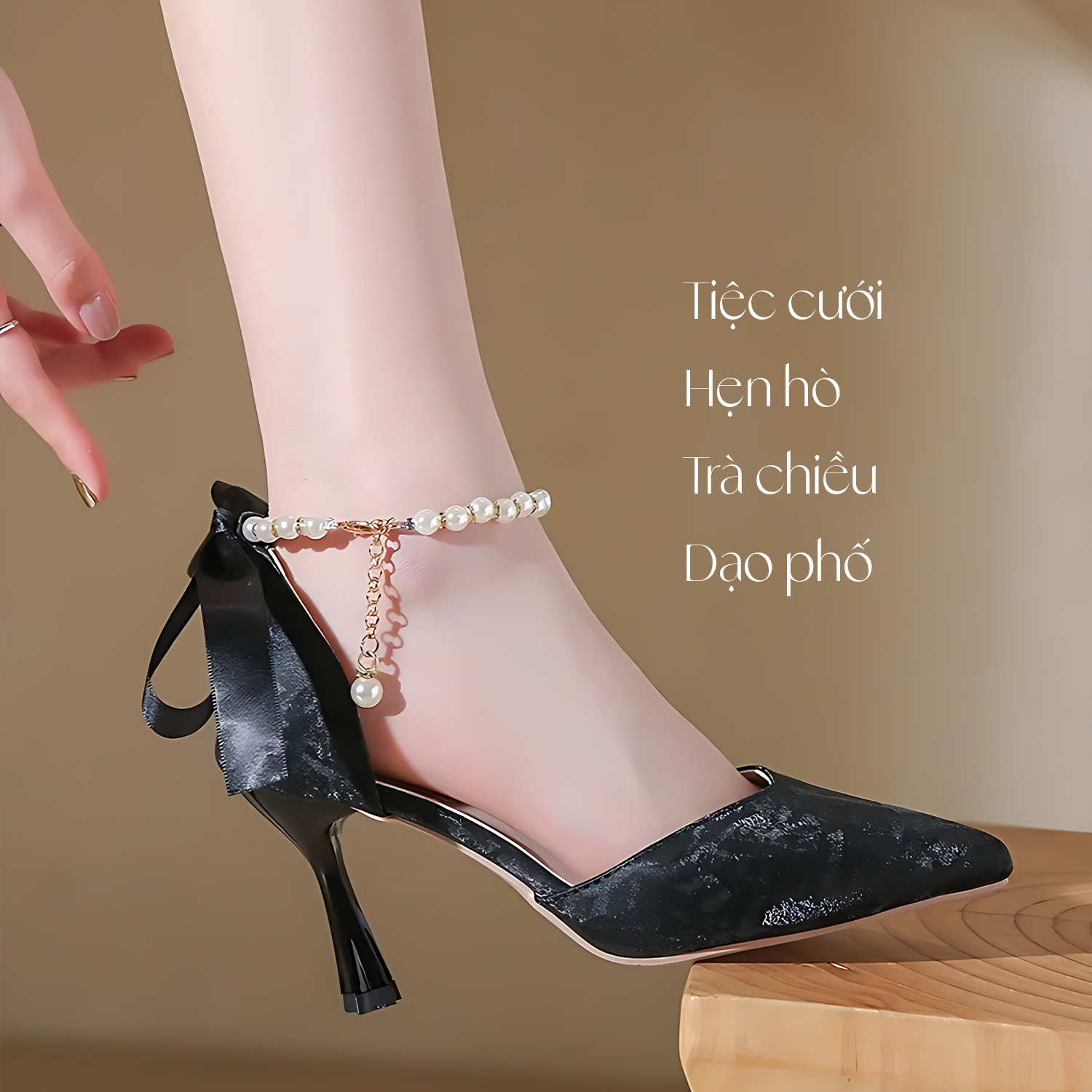 Giày cao gót lắc ngọc trai tiểu thư